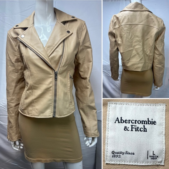 Abercrombie & Fitch Jackets & Blazers - Abercrombie & Fitch Women's L Beige Zip Up Motorcycle Vegan Leather Moto Jacket